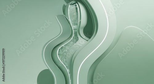 Abstract Green Sculpture With Smooth Curves And White Accents Detailed Texture Soft Light