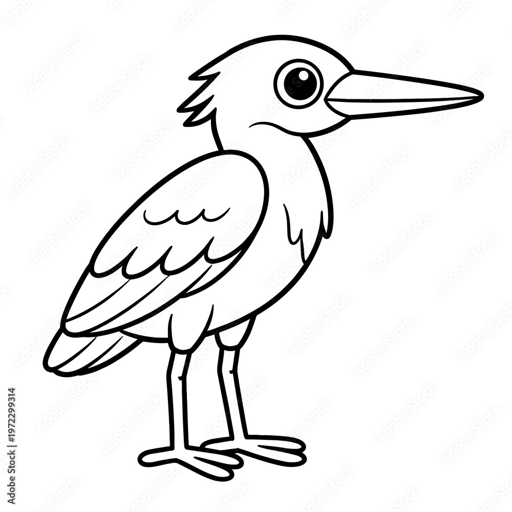 Fototapeta premium Minimalist Black Line Art Cute Bird Icon – Cartoon Heron or Stork with Long Beak, Big Eye and Detailed Wings, Simple Vector Illustration for Kids and Nature Themes