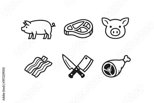 Minimalist Black Line Art Pork and Meat Icons Set – Pig, Steak, Pig Head, Bacon, Knife and Cleaver, Ham, Simple Vector Illustration for Butcher Shop, Food and BBQ