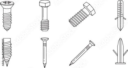 Fasteners and hardware components line icons including metal screws wood bolts steel nails wall plugs and fixing anchors for construction and diy.