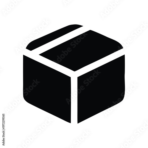 A stylized black and white cube with a flap on the top resembling a box Vector