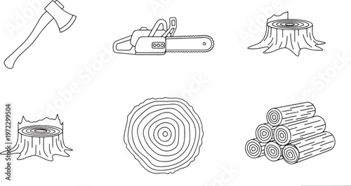 Lumberjack and forestry industry icons featuring logging equipment like axe and chainsaw with tree stumps wooden logs and timber textures in outline.