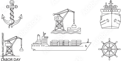 Labor day shipping and maritime industry background, set of linear icons representing cargo ships, anchors, cranes, and steering wheels.