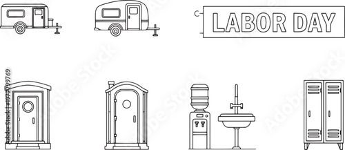 Labor day celebration caravan travel trailer portable toilet water cooler sink lockers concept for holiday workers and recreation.
