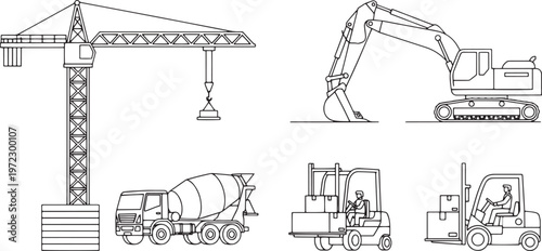 Heavy construction machinery set featuring tower crane cement mixer truck excavator and forklift vehicles for site building and logistics operations.