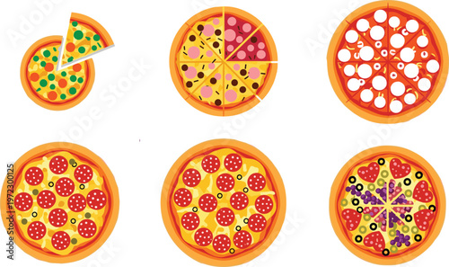 Assorted Pizza Collection with Different Toppings Including Pepperoni Cheese Vegetable and Sliced Portions for Fast Food Menu, Restaurant, and Italian Cuisine Design