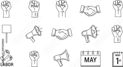 May first labor day protest icons with megaphones fists handshake and calendar symbols for international worker solidarity and social justice concept.