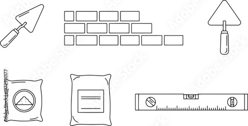 Masonry construction tools and materials set with trowel brick wall spirit level and cement bag icons for professional building and masonry work.