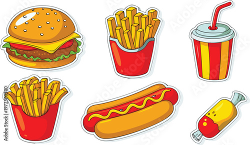 A vector-style cartoon illustration showing five classic fast food and sandwich items vector.