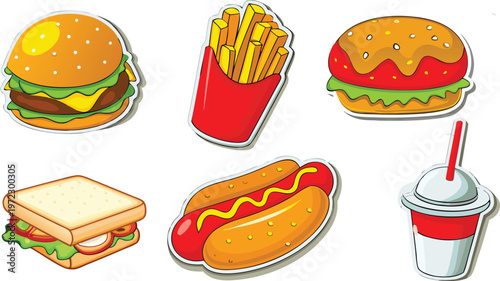 A vector-style cartoon illustration showing five classic fast food and sandwich items vector.