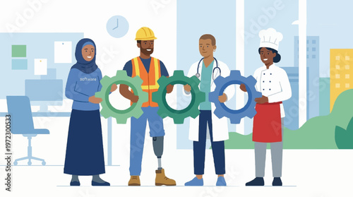 workers from different professions, teamwork concept, diversity workforce, modern minimal style