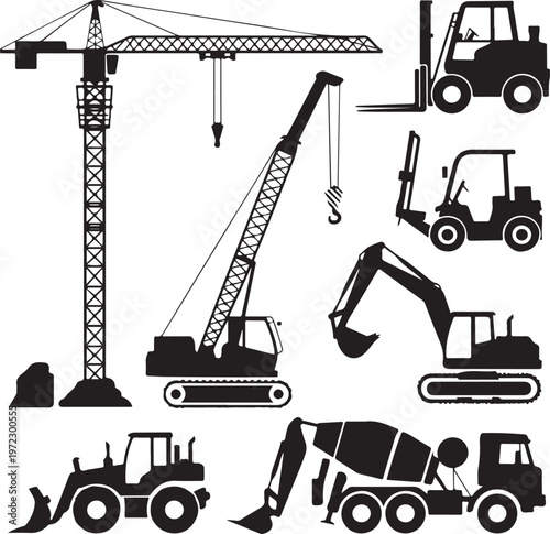 Collection of heavy construction and lifting machinery in black and white silhouette