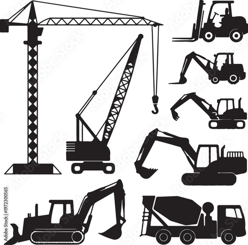Assorted heavy construction equipment and machinery illustration