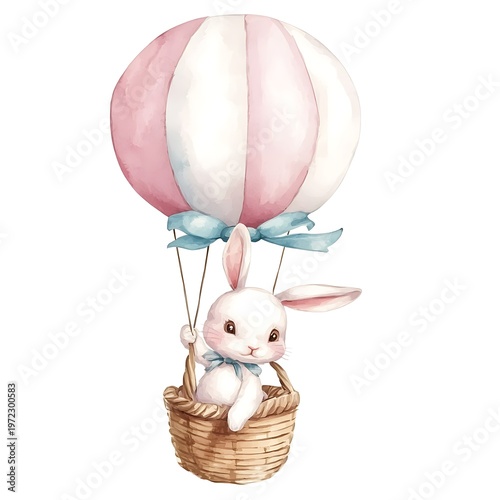 Adorable bunny in hot air balloon basket