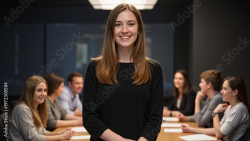 Woman in office environment smiling, likely leading meeting or presentation.