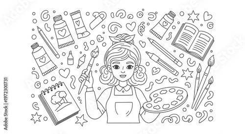 Young Artist with Painting Supplies, Creative Hobby, Doodle Art Style