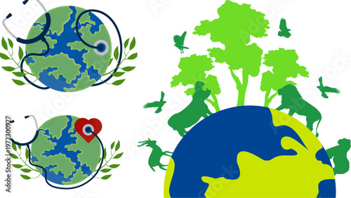 One Health concept vector set, global environment and animal welfare icons, planet earth with stethoscope and wildlife silhouettes
