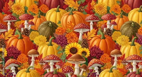 Abundant Autumn Harvest Of Pumpkins Sunflowers Mums And Fly Agaric Mushrooms