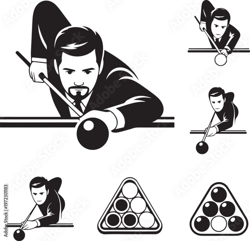 Illustrations of players demonstrating pool and billiards techniques and setups