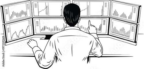 A high-angle, black and white vector line illustration of a financial day trader, seen from the back, sitting at a desk and pointing at a six-monitor multi-screen trading station.