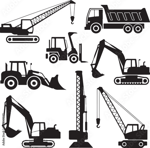 Collection of heavy construction equipment and machinery in black and white illustration