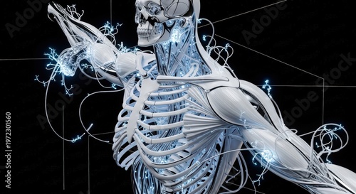 Anatomical Human Body Science Technology Futuristic Glowing Blue Energy Particles Black Background