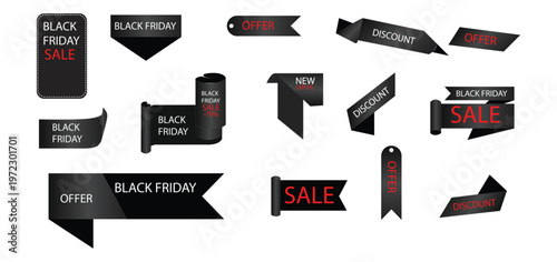 Black friday sale ribbon banners collection isolated.  Vector price tags, sale labels, banners, and discount tags in black color scheme.
