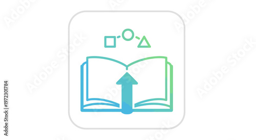 Open book with arrow symbol and geometric shapes isolated on white
