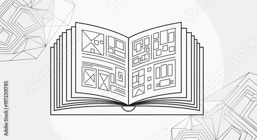 Open book with abstract sketches depicted on pages illustration