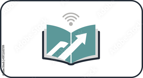 Open book with upward arrow and wireless icon illustrating growth and learning