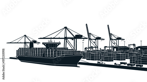 Silhouette of a bustling cargo port with container ship, numerous shipping containers, and large gantry cranes, representing global trade and logistics, on an isolated white background.