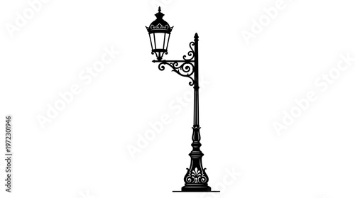Ornate vintage lamppost street light in classic style with detailed design, isolated white background.