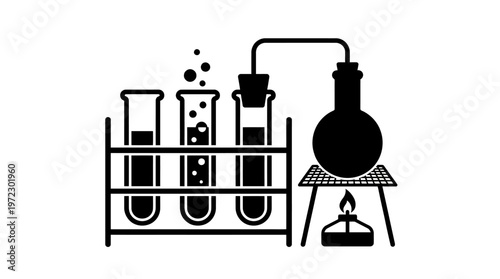 Chemistry laboratory glassware setup with test tubes, flask, and beaker, undergoing an experiment with heating and bubbling liquid, on an isolated white background.
