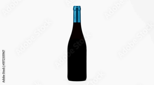 Unlabeled dark green glass wine bottle with a blue capsule top, presented vertically on an isolated white background.