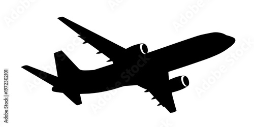Black airplane silhouette vector, commercial passenger jet flying icon, minimalist aircraft profile for travel and aviation design