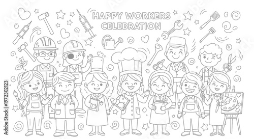 Happy Workers Celebration: Diverse Professions Drawn in Cute Line Art Style