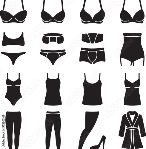 Diverse styles of swimwear and beachwear silhouettes in black and white line art