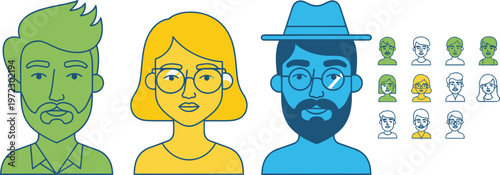 Stylized vector portraits diverse faces in a minimalist illustration