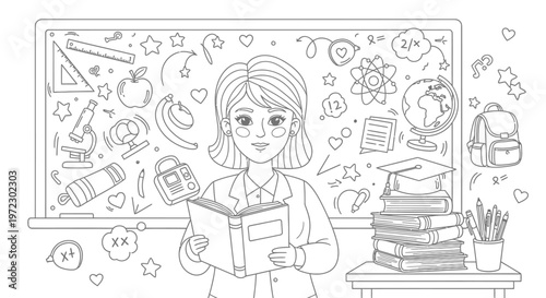 Teacher with Book in Classroom, Education and Learning Concept