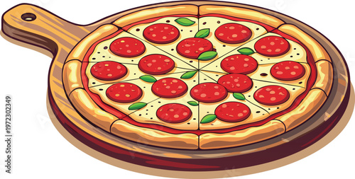 A high-quality vector illustration of a classic pepperoni pizza on a wooden board.