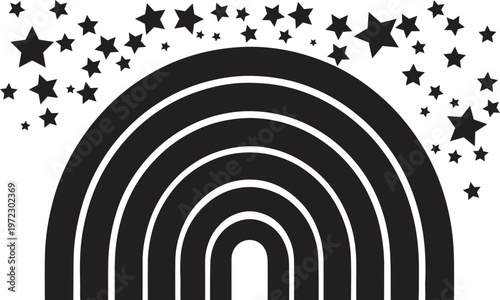Title minimalist rainbow and stars illustration in black and white description a simple modern illustration featuring a black rainbow arc adorned with