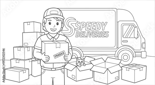 Delivery Man with Packages and Speedy Truck, Kitten in Box - Coloring Page
