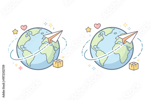 Cartoon Globe with Paper Airplane and Delivery Box – Global Shipping and International Delivery Vector Illustrations