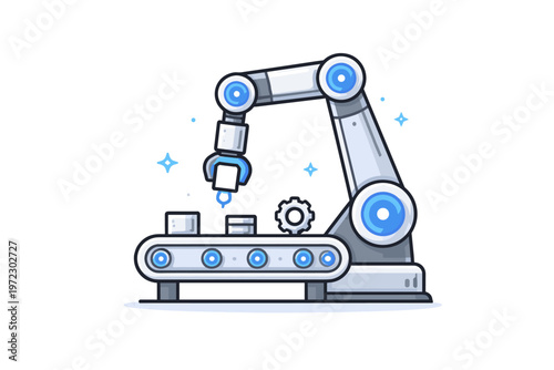 Clean Flat Design Automation Concept – Industrial Robot Working on Assembly Line Vector Illustration