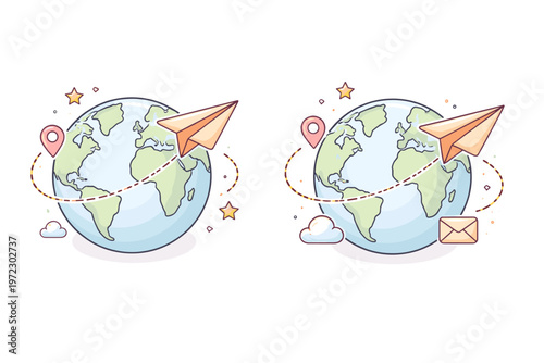 Cute Cartoon Globe with Paper Airplane and Travel Route – Global Delivery and International Shipping Illustration