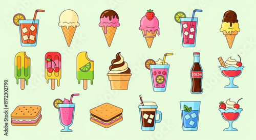Colorful illustration of various sweet treats and cold drinks including ice cream cones popsicles milkshakes and soda