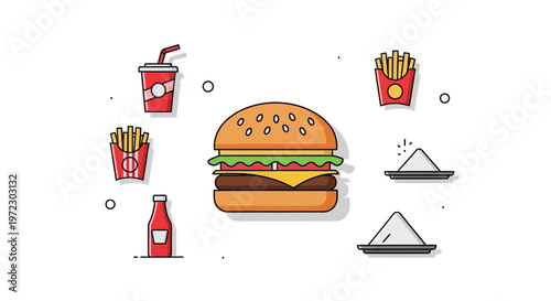 Hamburger with fast food items around.