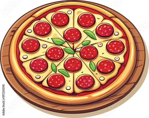 A high-quality vector illustration of a classic pepperoni pizza on a wooden board.