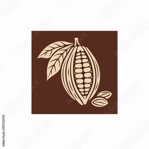 Minimalist Vector Logo – Beige Cocoa Pod with Leaves and Beans on Dark Brown Square Background, Flat Illustration