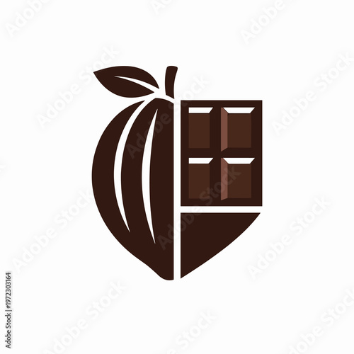 Minimalist Brown Vector Logo - Cocoa Pod Combined with Chocolate Bar, Flat Design Chocolate Icon